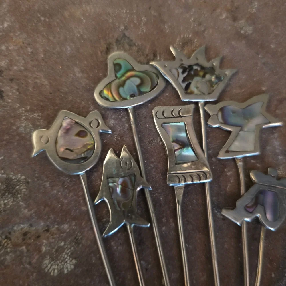 Vintage Alpaca Silver Abalone Inlay Cocktail Forks Set Mexican Cactus Bird Fish